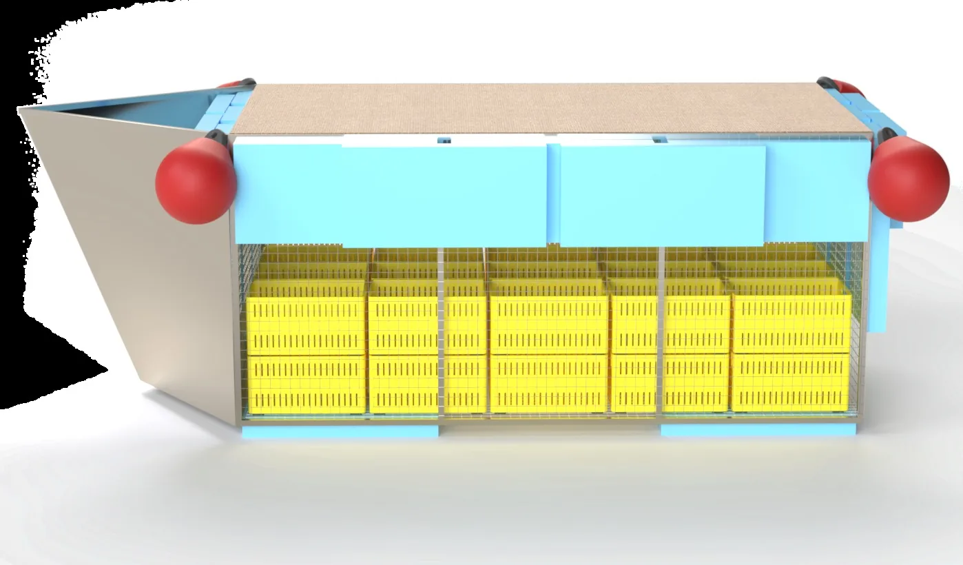 Design render of the floating coral transport structure loaded with yellow perforated boxes